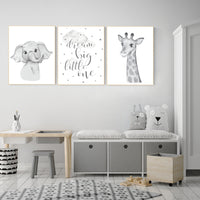 Animal nursery, Elephant and giraffe nursery, Grey nursery wall art, gender neutral, grey nursery art, dream big little one, gray