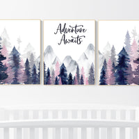 Nursery decor woodland, mountain wall art, tree nursery decor, adventure theme nursery, forest, navy and pink, woodland animals, navy pink