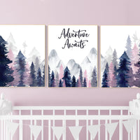 Nursery decor woodland, mountain wall art, tree nursery decor, adventure theme nursery, forest, navy and pink, woodland animals, navy pink