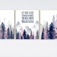 Nursery decor woodland, mountain wall art, tree nursery decor, adventure theme nursery, forest, navy and pink, woodland animals, navy pink