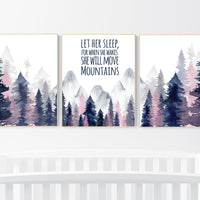 Nursery decor woodland, mountain wall art, tree nursery decor, adventure theme nursery, forest, navy and pink, woodland animals, navy pink