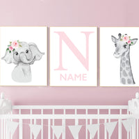 Safari Floral Animals, Nursery Prints, Nursery Decor, Girls Nursery Decor, Safari Nursery, jungle animals, Woodland Prints, set of 3