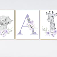 Nursery decor girl boho, Purple nursery, nursery wall art elephant, nursery decor girl, nursery decor girl floral, lilac nursery, lavender