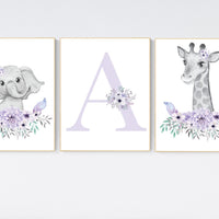 Nursery decor girl boho, Purple nursery, nursery wall art elephant, nursery decor girl, nursery decor girl floral, lilac nursery, lavender
