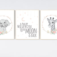 Nursery decor girl boho, animal nursery, blush nursery, blush pink, floral nursery prints, elephant nursery, giraffe, girl nursery