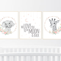 Nursery decor girl boho, animal nursery, blush nursery, blush pink, floral nursery prints, elephant nursery, giraffe, girl nursery