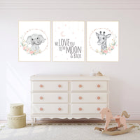Nursery decor girl boho, animal nursery, blush nursery, blush pink, floral nursery prints, elephant nursery, giraffe, girl nursery