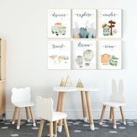 Travel nursery print, Explore nursery wall art, Baby boy nursery, Adventure Set of 6 prints, Camping Prints, Adventure Nursery Decor