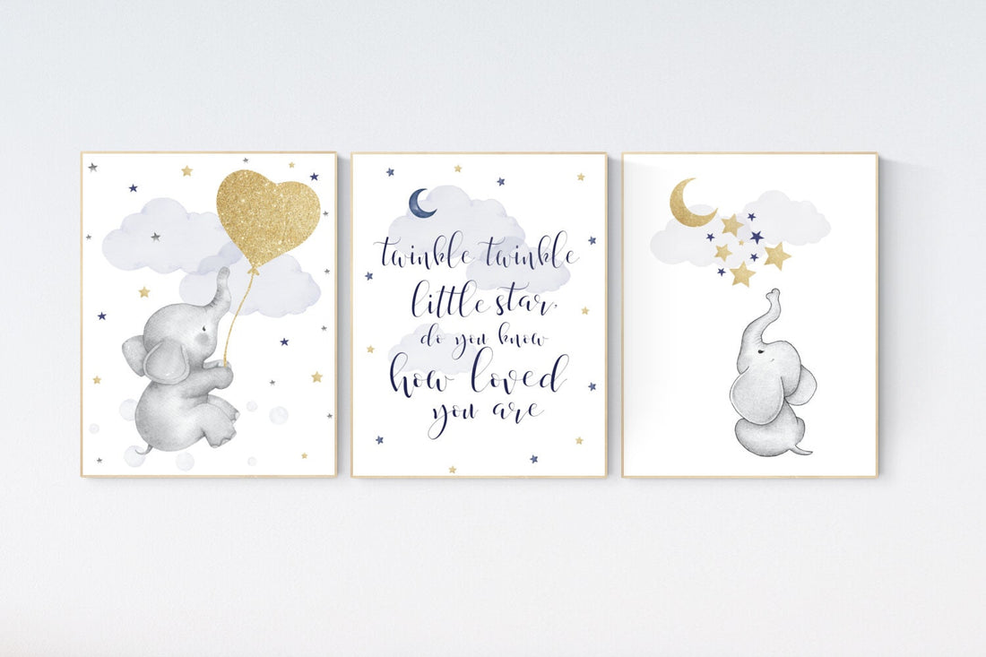 Navy nursery decor, cloud and stars, moon and stars, navy gold nursery art. baby room wall art, boy nursery decor, set of 3, nursery art