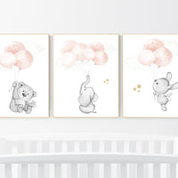 Nursery wall art girl, Blush pink nursery decor, blush gold nursery, nursery decor elephant, bear nursery, blush nursery, bunny nursery