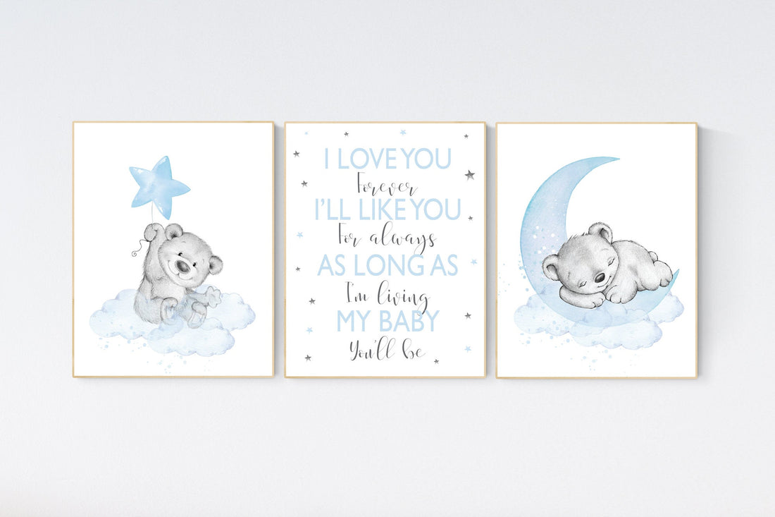 Nursery decor bear, nursery decor boy, bear nursery print, teddy bear decor, nursery wall art animals, boy nursery wall decor, blue nursery
