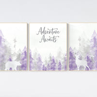 Nursery decor woodland, mountain wall art, tree nursery decor, adventure theme nursery, forest, purple and gray, woodland animals, lilac