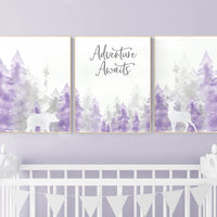 Nursery decor woodland, mountain wall art, tree nursery decor, adventure theme nursery, forest, purple and gray, woodland animals, lilac