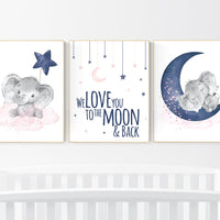 Nursery decor girl, pink and navy, elephant nursery, navy pink, animal prints, nursery wall art elephant, we love you to the moon and back
