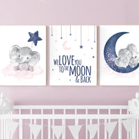 Nursery decor girl, pink and navy, elephant nursery, navy pink, animal prints, nursery wall art elephant, we love you to the moon and back