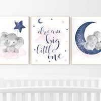 Nursery decor girl, pink and navy, elephant nursery, navy pink, animal prints, nursery wall art elephant, we love you to the moon and back