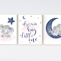 Nursery decor girl, pink and navy, elephant nursery, navy pink, animal prints, nursery wall art elephant, we love you to the moon and back