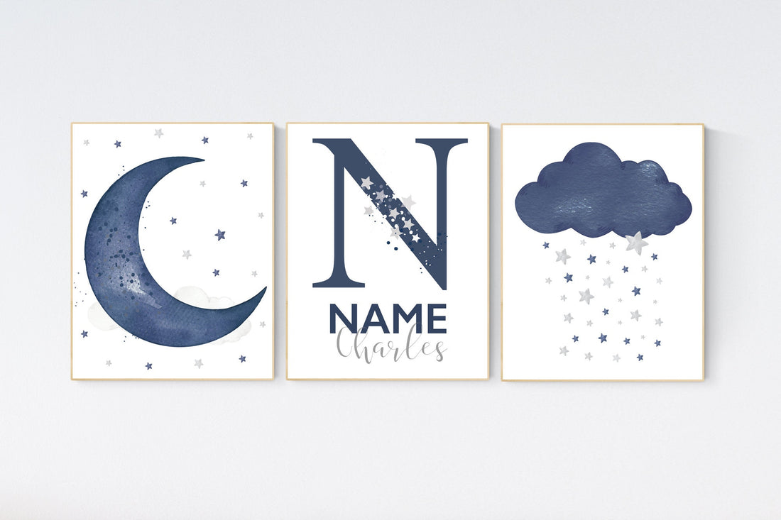 Navy nursery decor, cloud and stars, moon and stars, navy blue nursery art. baby room wall art, boy nursery decor, set of 3, nursery art
