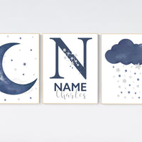 Navy nursery decor, cloud and stars, moon and stars, navy blue nursery art. baby room wall art, boy nursery decor, set of 3, nursery art