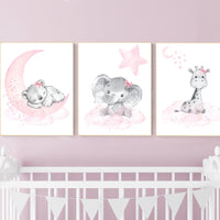 Animal nursery, nursery decor girl pink gray, nursery decor girl woodland animals, teddy bear, elephant, giraffe, baby girl nursery prints
