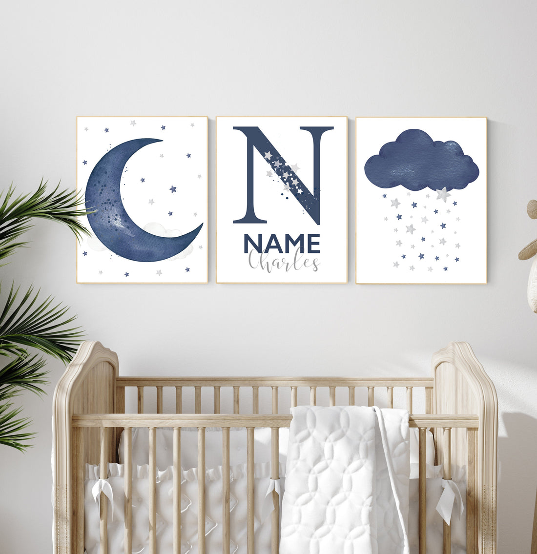 Navy nursery decor, cloud and stars, moon and stars, navy blue nursery art. baby room wall art, boy nursery decor, set of 3, nursery art