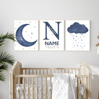 Navy nursery decor, cloud and stars, moon and stars, navy blue nursery art. baby room wall art, boy nursery decor, set of 3, nursery art