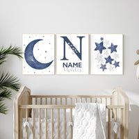 Navy nursery decor, cloud and stars, moon and stars, navy blue nursery art. baby room wall art, boy nursery decor, set of 3, nursery art