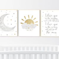 Nursery wall art grey, gray gold nursery, sunshine, moon nursery, nursery decor neutral, baby room decor gender neutral, grey gold nursery