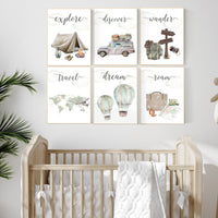 Travel nursery print, Explore nursery wall art, Baby boy nursery, Adventure Set of 6 prints, Camping Prints, Adventure Nursery Decor