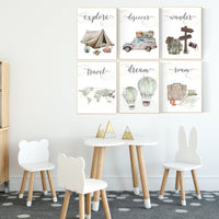 Travel nursery print, Explore nursery wall art, Baby boy nursery, Adventure Set of 6 prints, Camping Prints, Adventure Nursery Decor