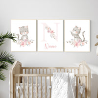 Cat nursery print, kitten nursery print, floral nursery, nursery decor girl, nursery art girl, cat print, kittens, pink and grey, pink gray,