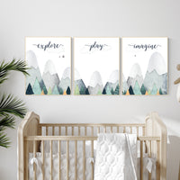Nursery decor boy mountain, adventure nursery, adventure theme nursery, woodland, gender neutral, explore, play, imagine, mountains nursery
