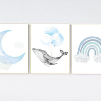 Nursery decor boy, Blue nursery decor, whale nursery, cloud and stars, blue nursery art, baby room wall art, boy nursery decor, set of 3