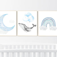 Nursery decor boy, Blue nursery decor, whale nursery, cloud and stars, blue nursery art, baby room wall art, boy nursery decor, set of 3