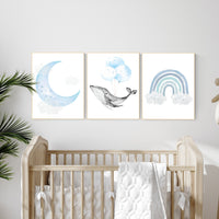 Nursery decor boy, Blue nursery decor, whale nursery, cloud and stars, blue nursery art, baby room wall art, boy nursery decor, set of 3