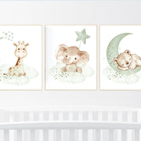 Nursery wall art animals, green nursery, gender neutral nursery, sage green, baby room decor, bear, elephant, giraffe, animal prints