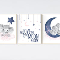 Nursery decor girl, pink and navy, elephant nursery, navy pink, animal prints, nursery wall art elephant, we love you to the moon and back