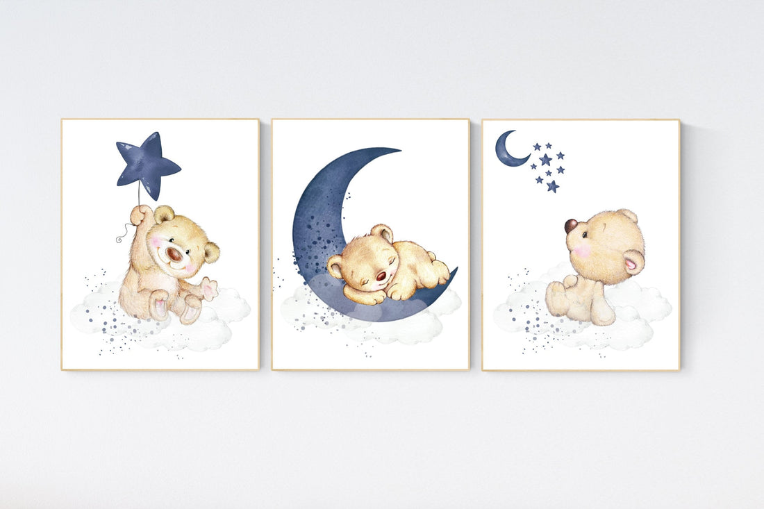 Nursery decor bear, animal nursery prints, navy nursery, navy blue nursery, baby room wall art, woodland animal prints, teddy bear nursery