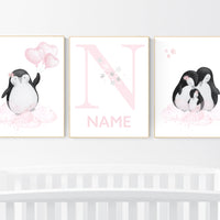 Penguin nursery, pink nursery wall art, girl nursery, baby room wall art, nursery wall art penguin, nursery decor girl, penguins, baby room