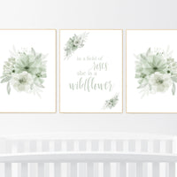 Nursery decor girl flowers, green flowers, herbal, green, mint green, sage green, Nursery decor girl name, girl nursery wall decor