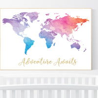 Adventure awaits, World Map poster, world map wall art, nursery wall art, pink purple, mint, gold, nursery decor gender neutral