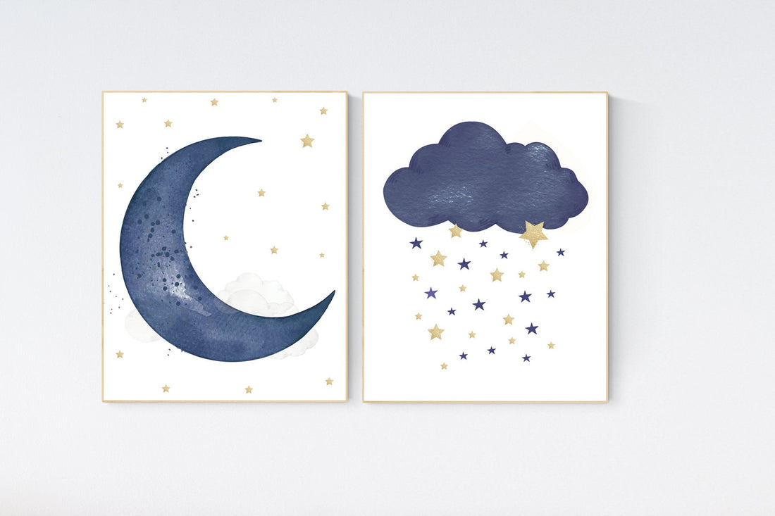 Navy nursery decor, cloud and stars, moon and stars, navy gold nursery art. baby room wall art, boy nursery decor, set of 2, nursery art
