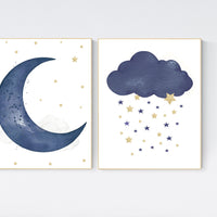 Navy nursery decor, cloud and stars, moon and stars, navy gold nursery art. baby room wall art, boy nursery decor, set of 2, nursery art