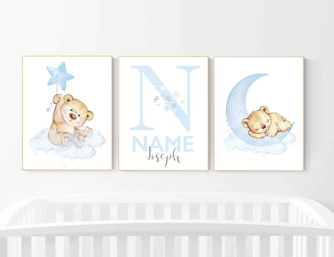 Nursery decor bear, nursery decor boy, bear nursery print, teddy bear decor, nursery wall art animals, boy nursery wall decor, blue nursery