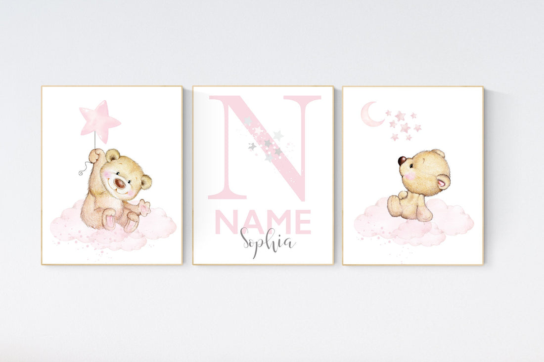 Nursery decor bear, nursery decor girl, bear nursery print, teddy bear decor, nursery wall art animals, girl nursery, pink nursery