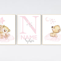 Nursery decor bear, nursery decor girl, bear nursery print, teddy bear decor, nursery wall art animals, girl nursery, pink nursery