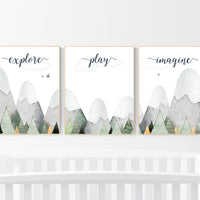 Nursery decor boy mountain, sage green, adventure nursery, adventure theme nursery, woodland, gender neutral, explore, play, imagine, olive
