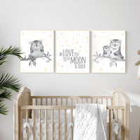 Nursery decor yellow, Nursery decor owl, gender neutral nursery decor, owl nursery, we love you to the moon and back, owl print for nursery