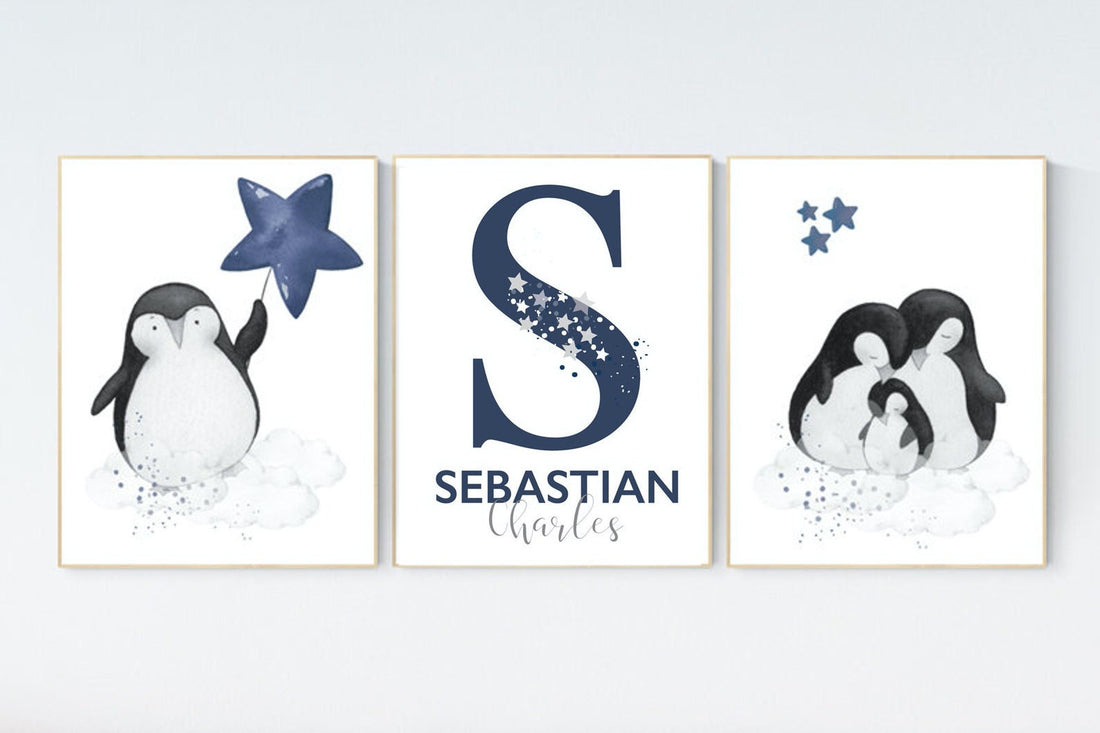 Navy nursery decor, penguin nursery, cloud and stars, navy blue nursery art. baby room wall art, boy nursery decor, nursery wall art penguin