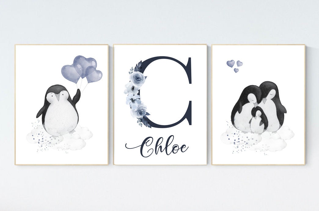 Navy nursery decor, penguin nursery, cloud and stars, navy blue nursery art. baby room wall art, boy nursery decor, nursery wall art penguin